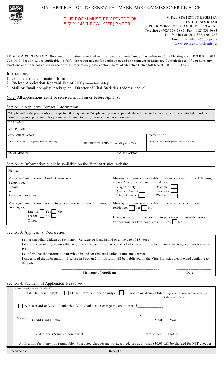 Application to Renew Pei Marriage Commissioner Licence - Prince Edward Island, Canada, Page 1