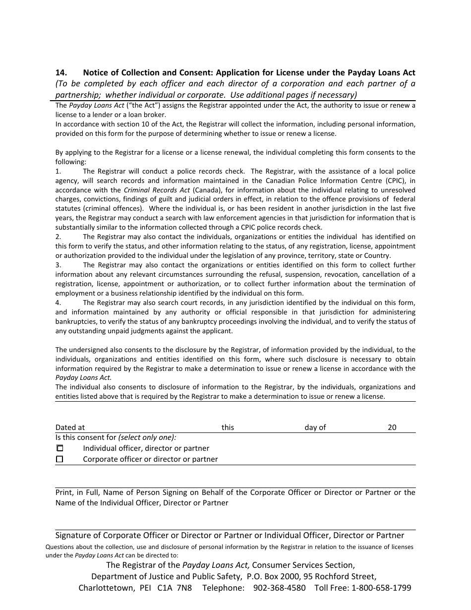 Application for a Payday Lender / Loan Broker License - Prince Edward Island, Canada, Page 10