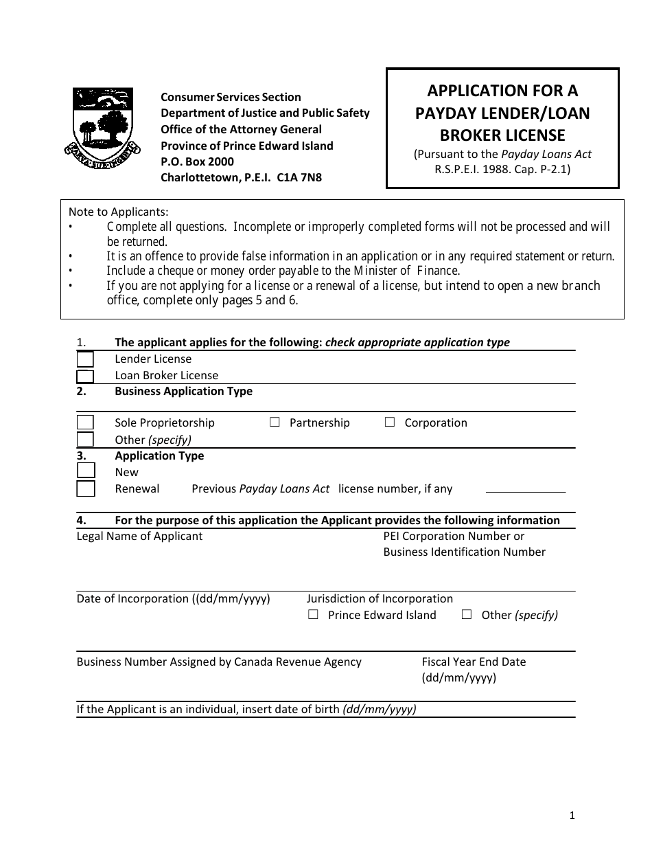 Application for a Payday Lender / Loan Broker License - Prince Edward Island, Canada, Page 1
