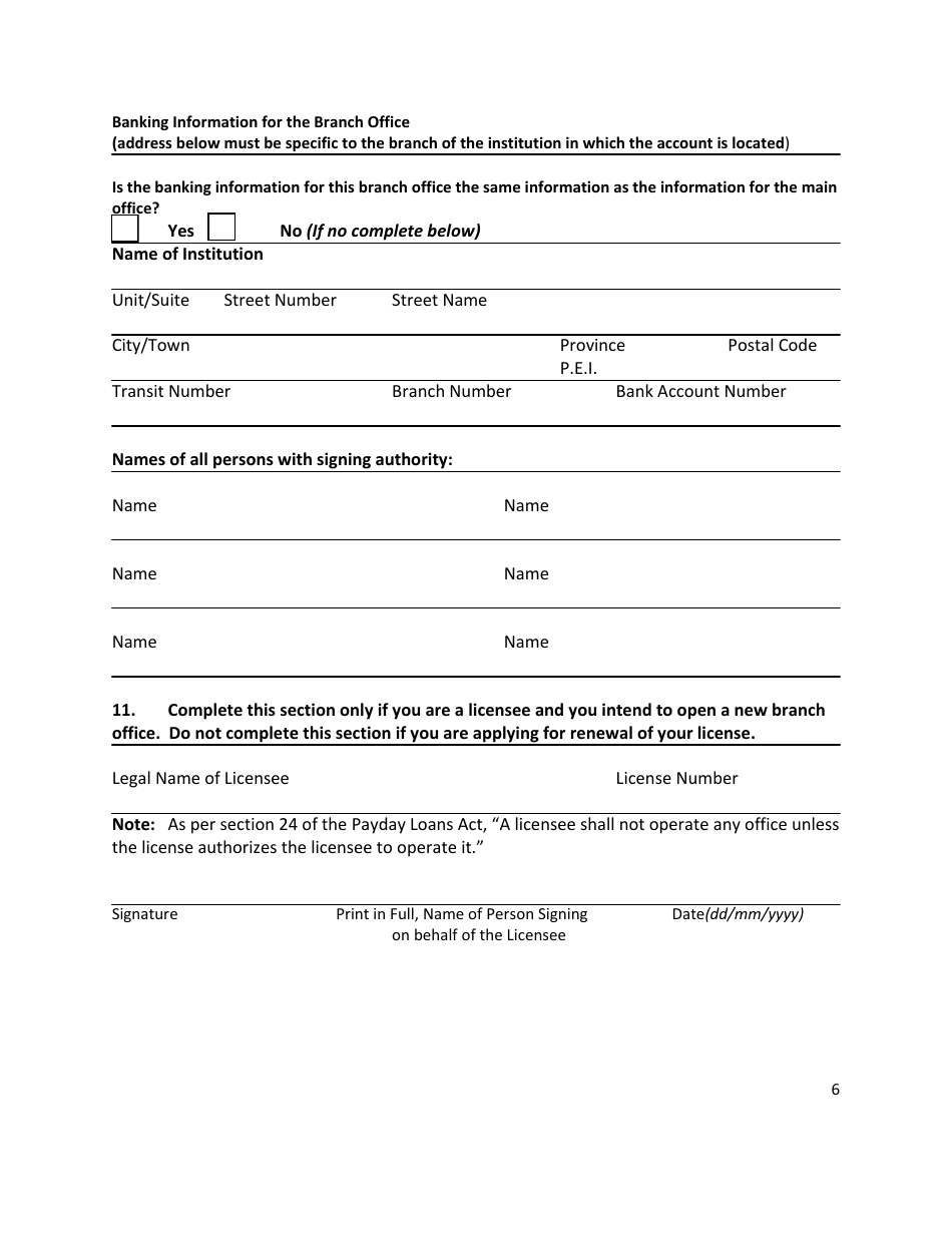 Application for a Payday Lender / Loan Broker License - Prince Edward Island, Canada, Page 6