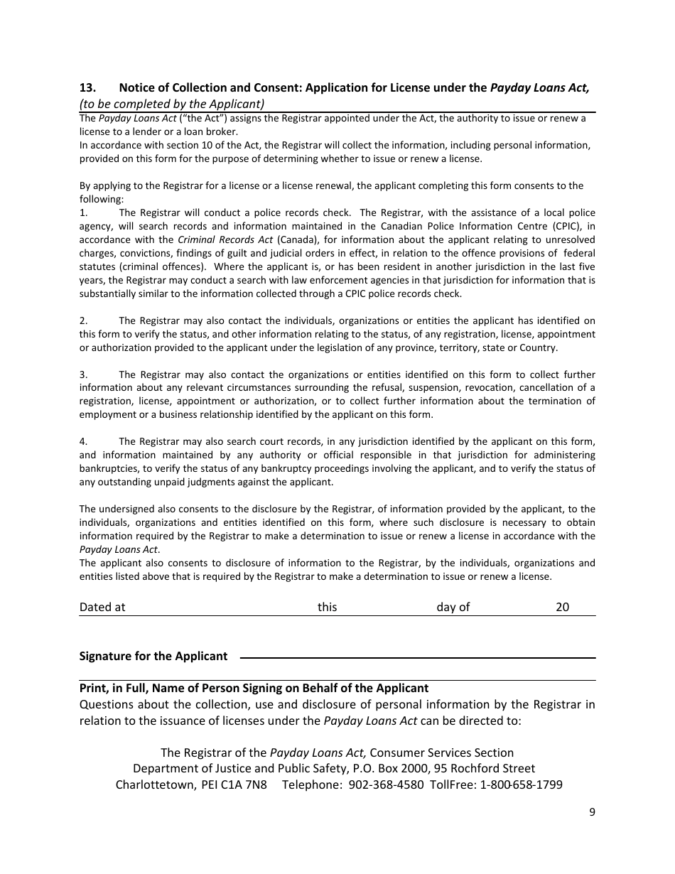 Application for a Payday Lender / Loan Broker License - Prince Edward Island, Canada, Page 9