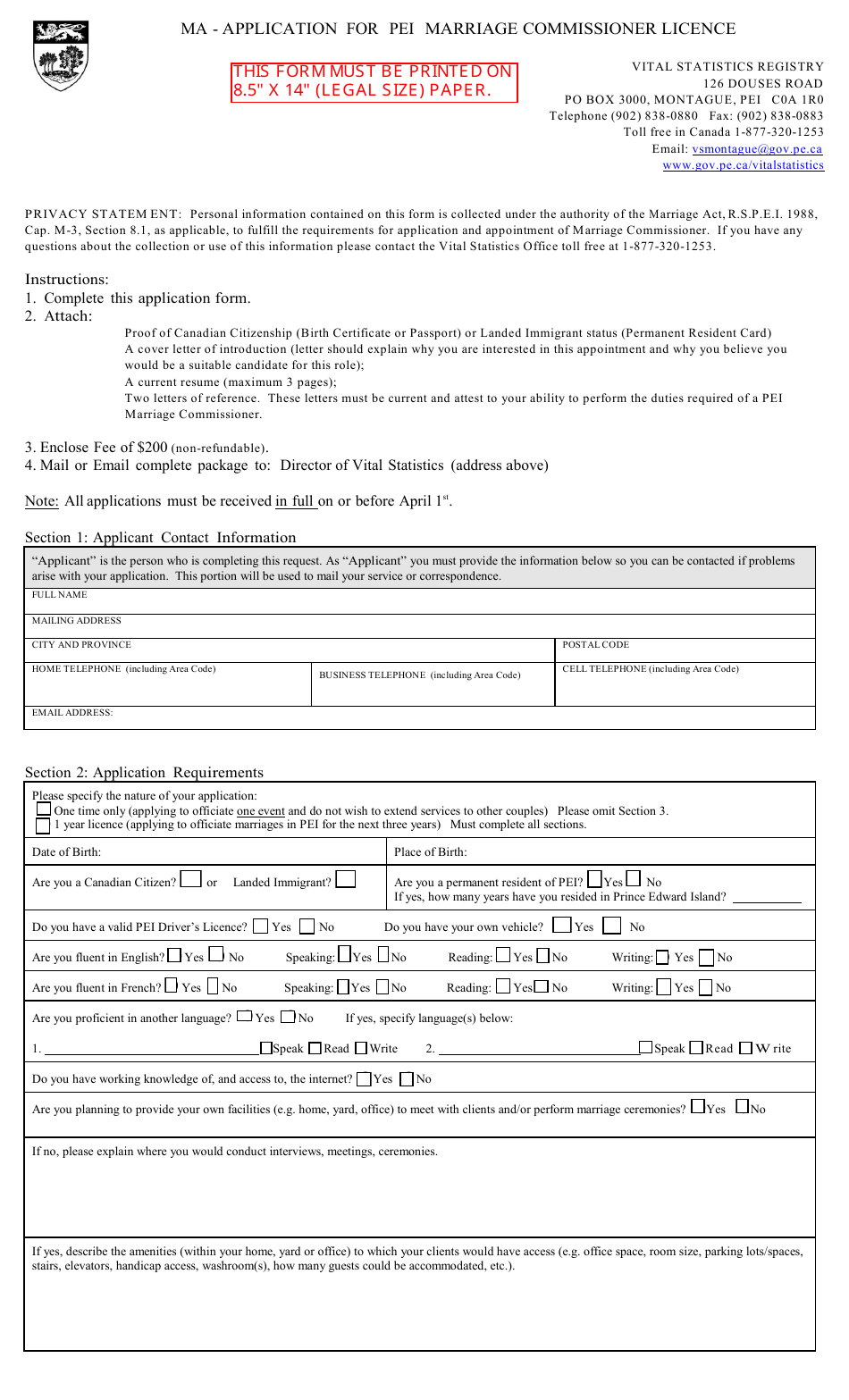 Application for Pei Marriage Commissioner Licence - Prince Edward Island, Canada, Page 1