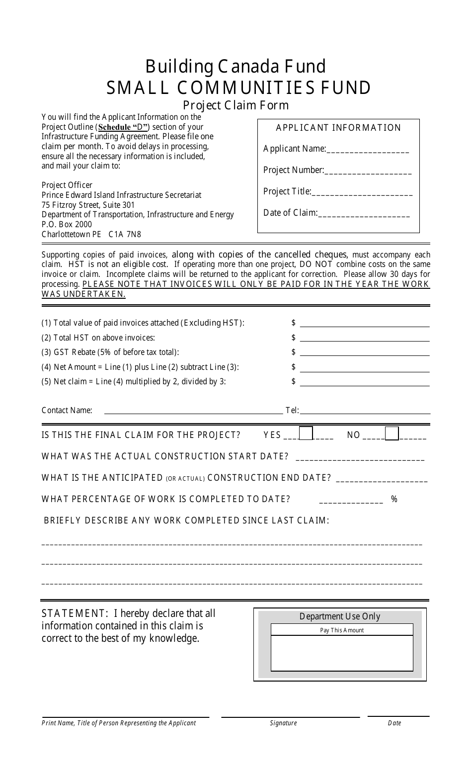 Small Communities Fund Project Claim Form - Prince Edward Island, Canada, Page 1