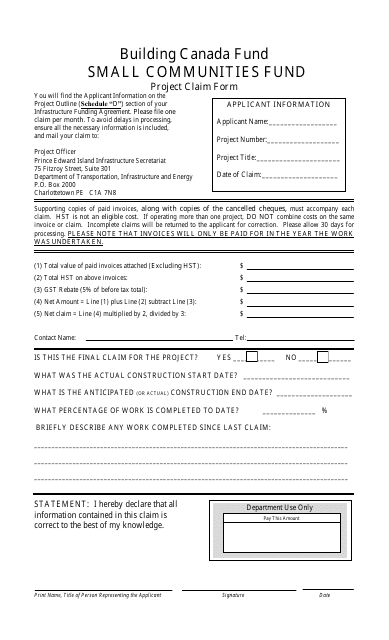 Small Communities Fund Project Claim Form - Prince Edward Island, Canada Download Pdf