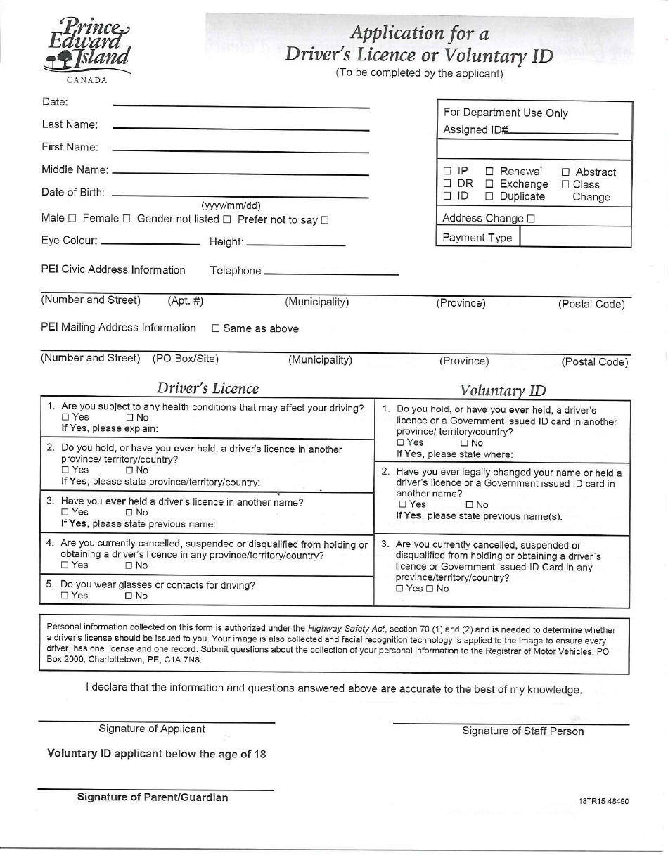 Form 18TR15-48490 Application for a Drivers License or Voluntary Id - Prince Edward Island, Canada (English / French), Page 1