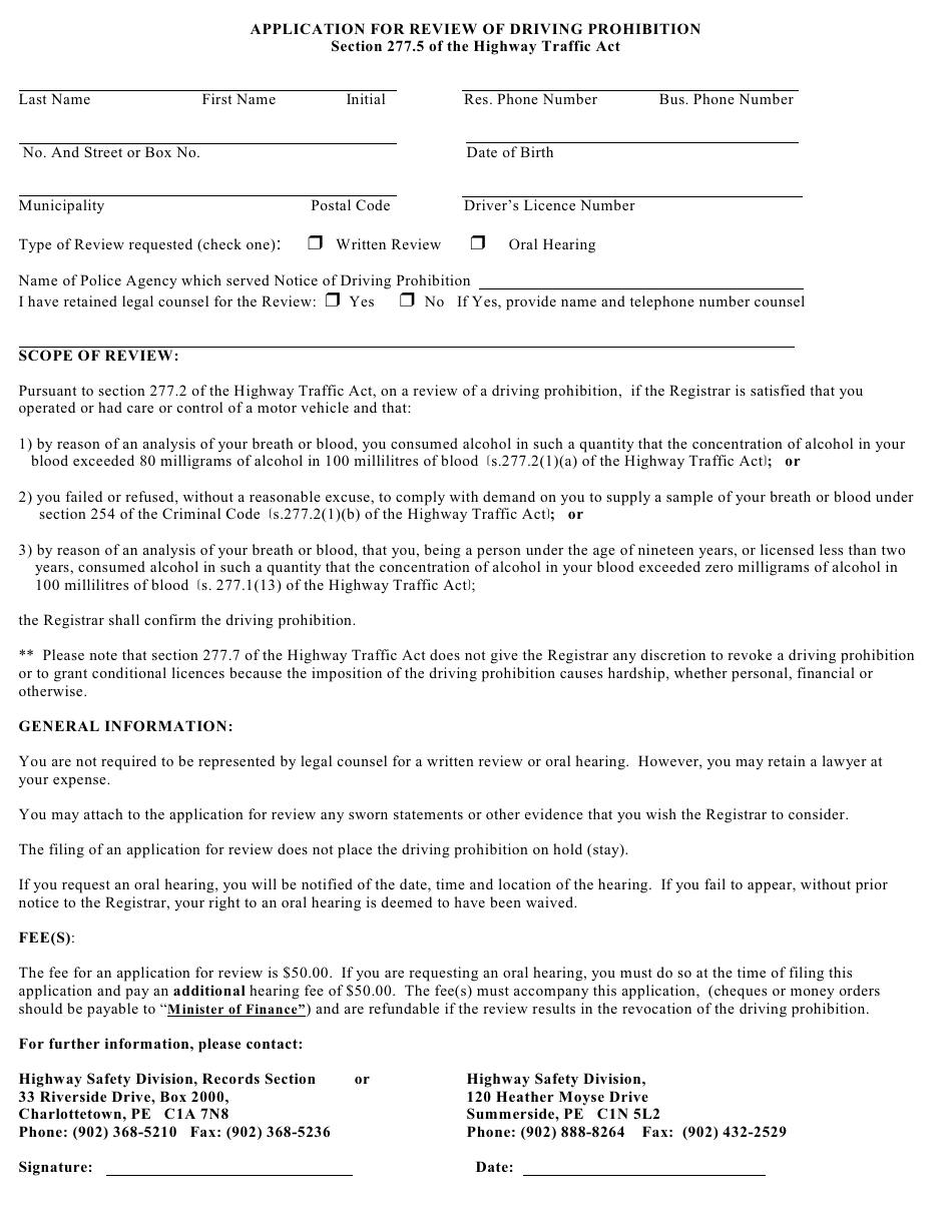Application for Review of Driving Prohibition - Prince Edward Island, Canada, Page 1