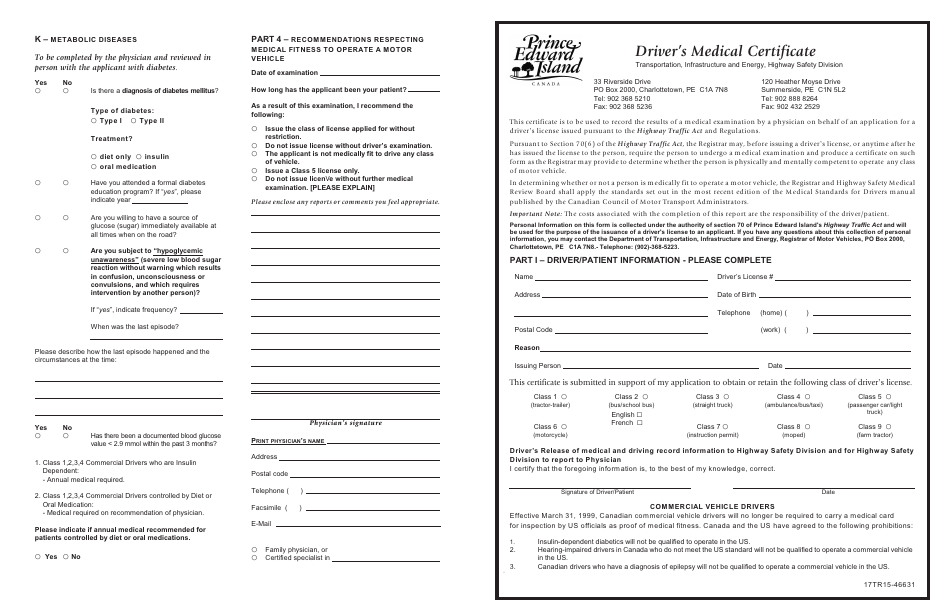 Form 17TR15-46631 Drivers Medical Certificate - Prince Edward Island, Canada, Page 1