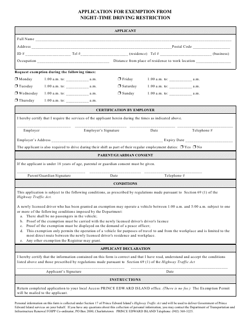 Application for Exemption From Night-Time Driving Restriction - Prince Edward Island, Canada Download Pdf
