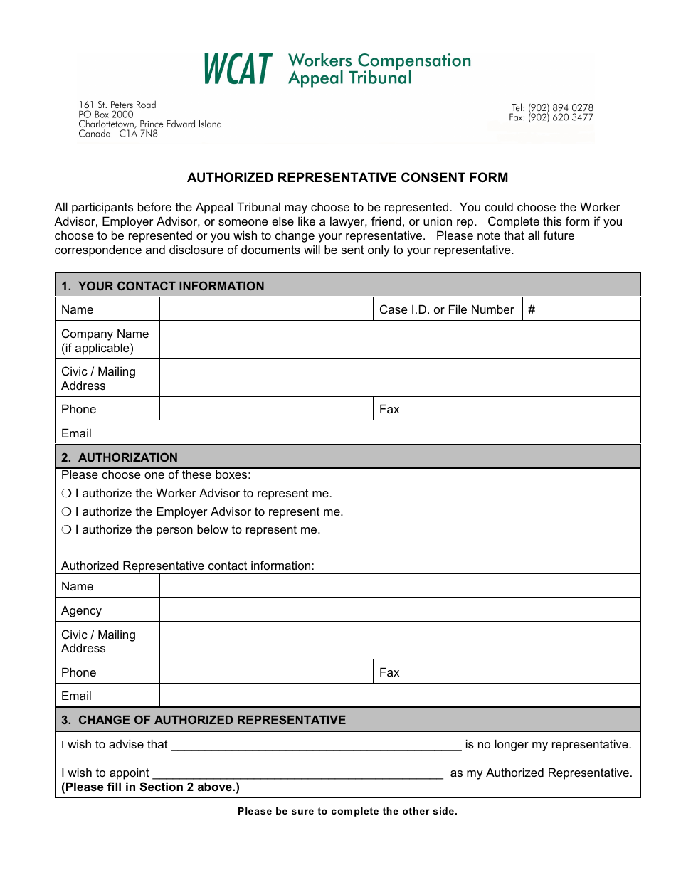Workers Compensation Appeal Tribunal Authorized Representative Consent Form - Prince Edward Island, Canada, Page 1
