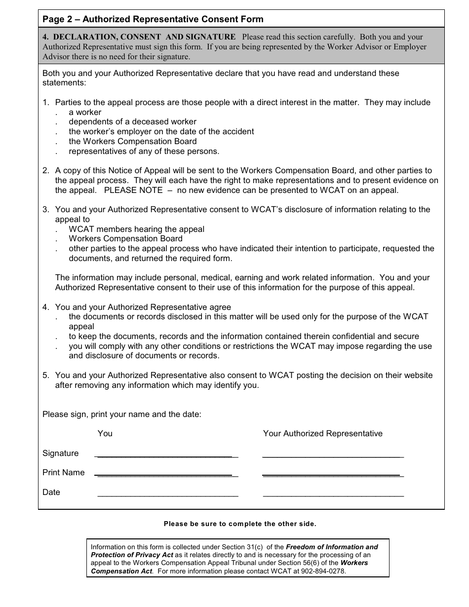 Workers Compensation Appeal Tribunal Authorized Representative Consent Form - Prince Edward Island, Canada, Page 2