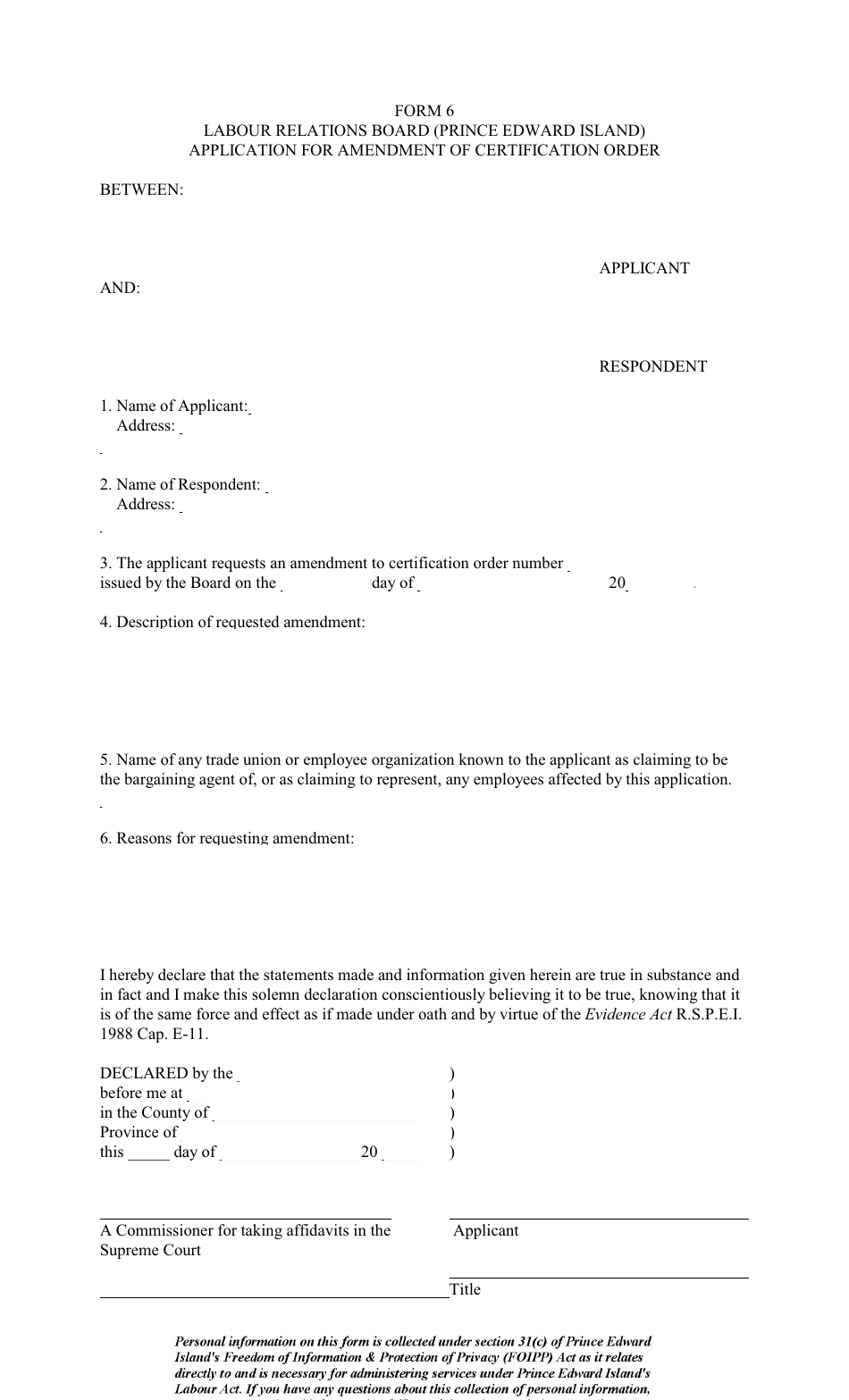 Form 6 Application for Amendment of Certification Order - Prince Edward Island, Canada, Page 1