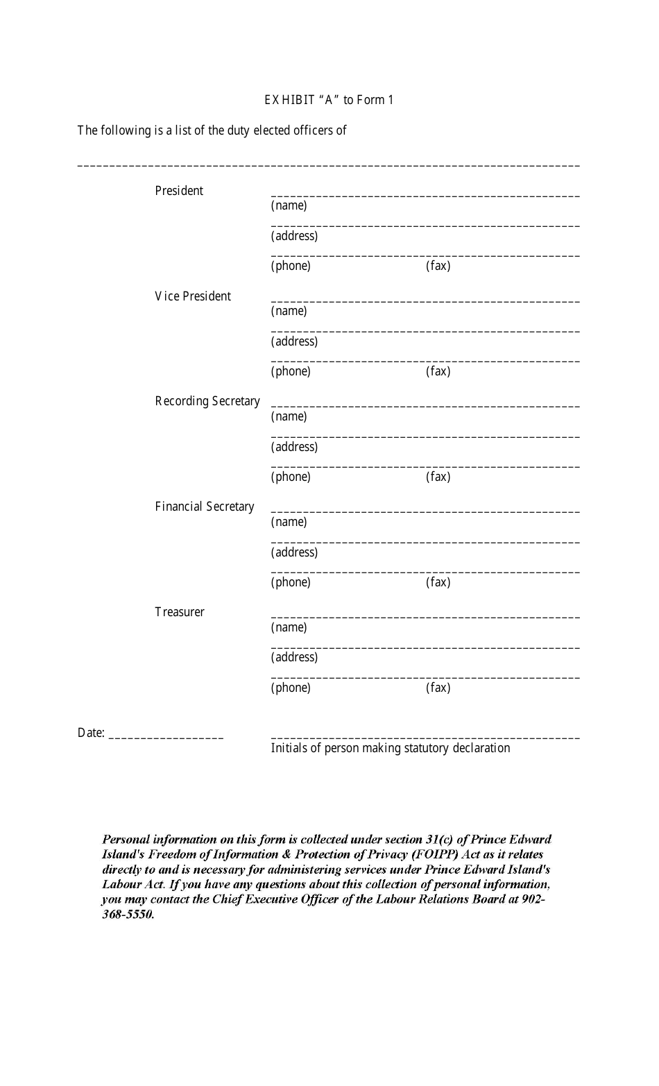 Form 1 Exhibit A Application for Certification - Prince Edward Island, Canada, Page 1