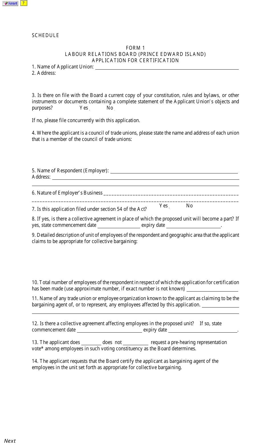 Form 1 Application for Certification - Prince Edward Island, Canada, Page 1