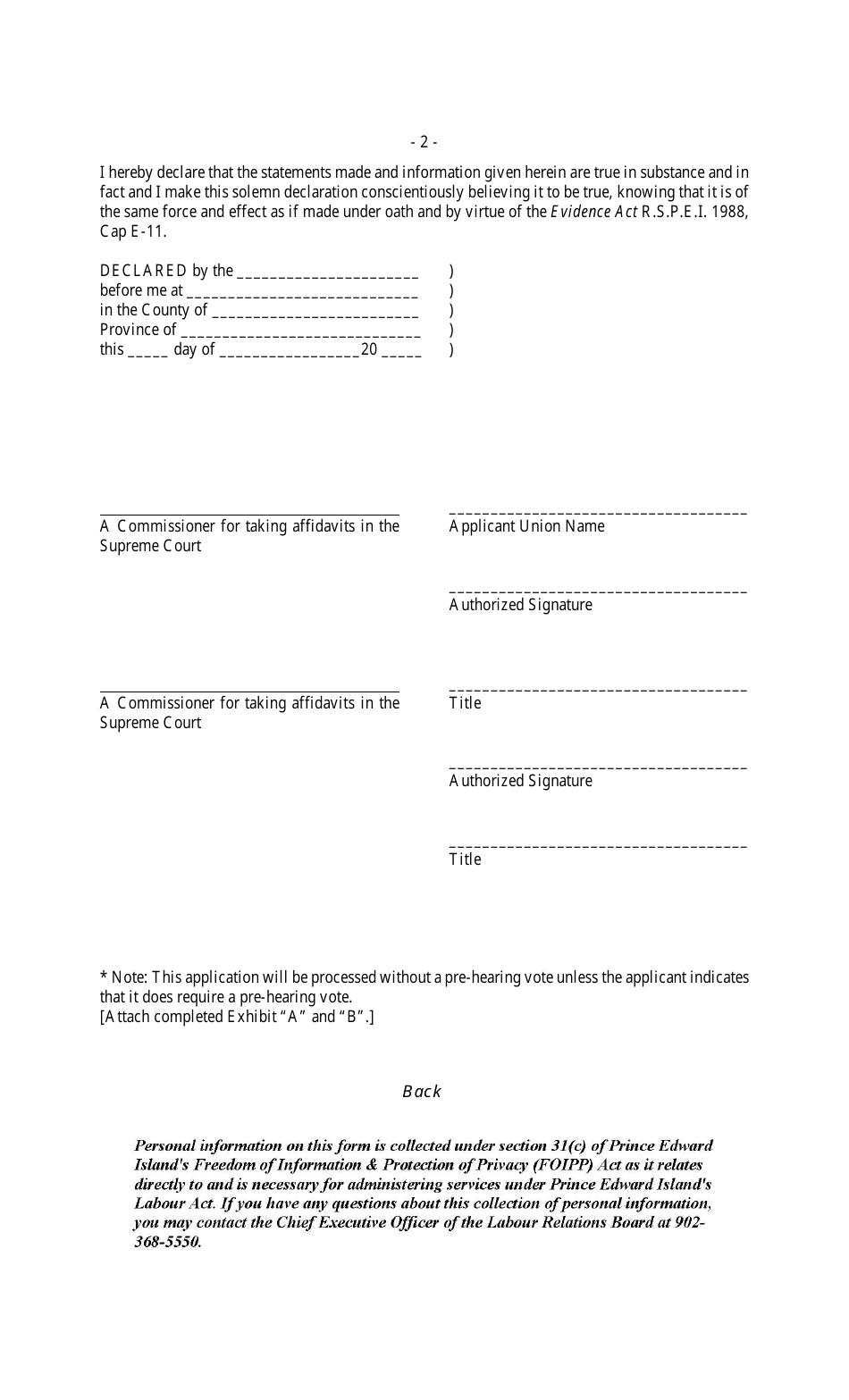 Form 1 Application for Certification - Prince Edward Island, Canada, Page 2
