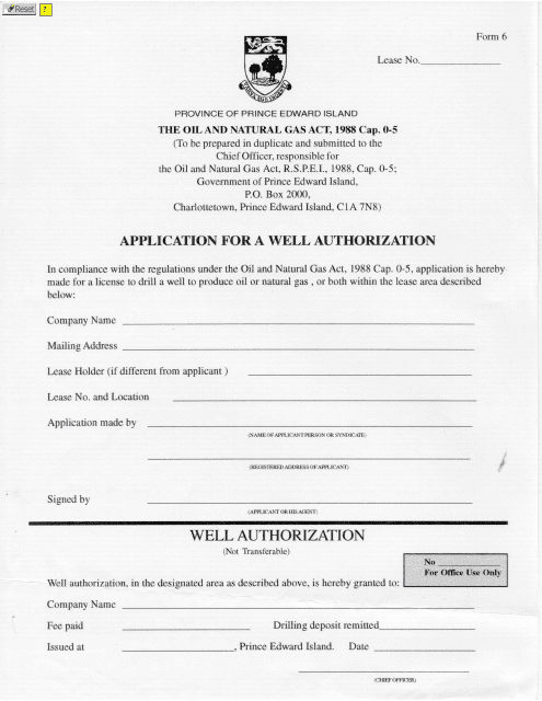 Form 6 Application for a Well Authorization - Prince Edward Island, Canada