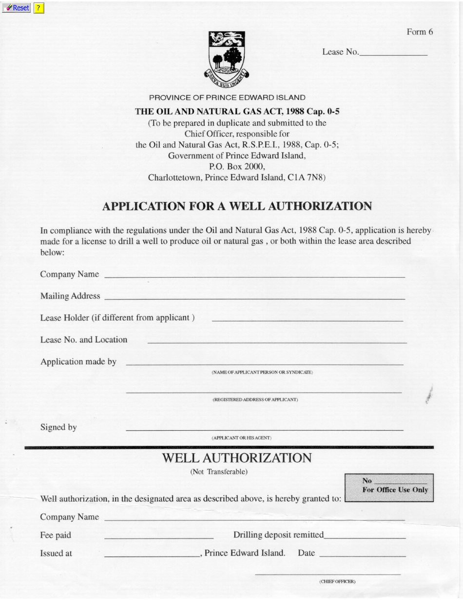 Form 6 Application for a Well Authorization - Prince Edward Island, Canada, Page 1
