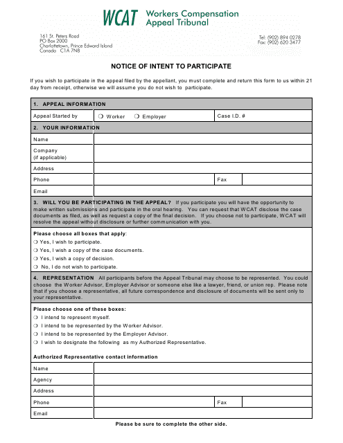 Workers Compensation Appeal Tribunal Notice of Intent to Participate - Prince Edward Island, Canada Download Pdf