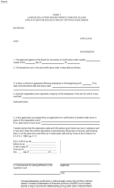Form 7 Application for Revocation of Certification Order - Prince Edward Island, Canada