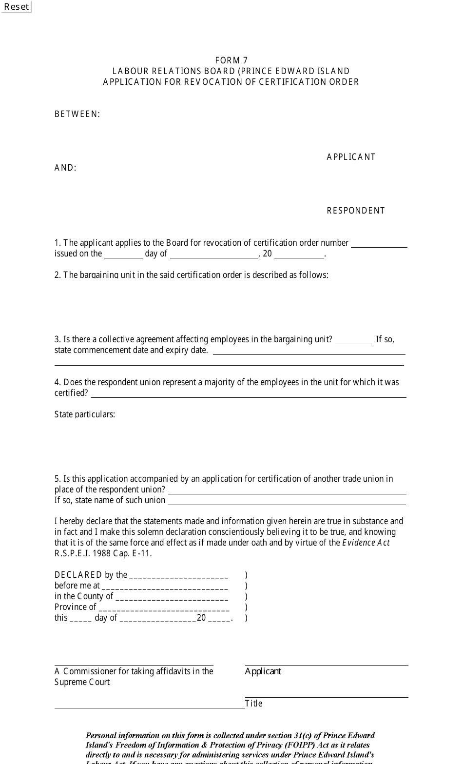 Form 7 Application for Revocation of Certification Order - Prince Edward Island, Canada, Page 1