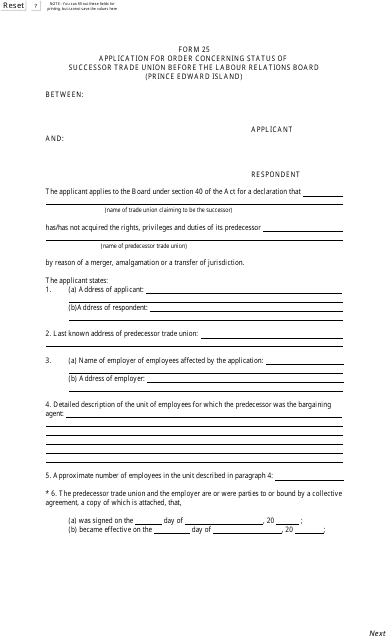 Form 25 Application for Order Concerning Status of Successor Trade Union Before the Labour Relations Board (Prince Edward Island) - Prince Edward Island, Canada