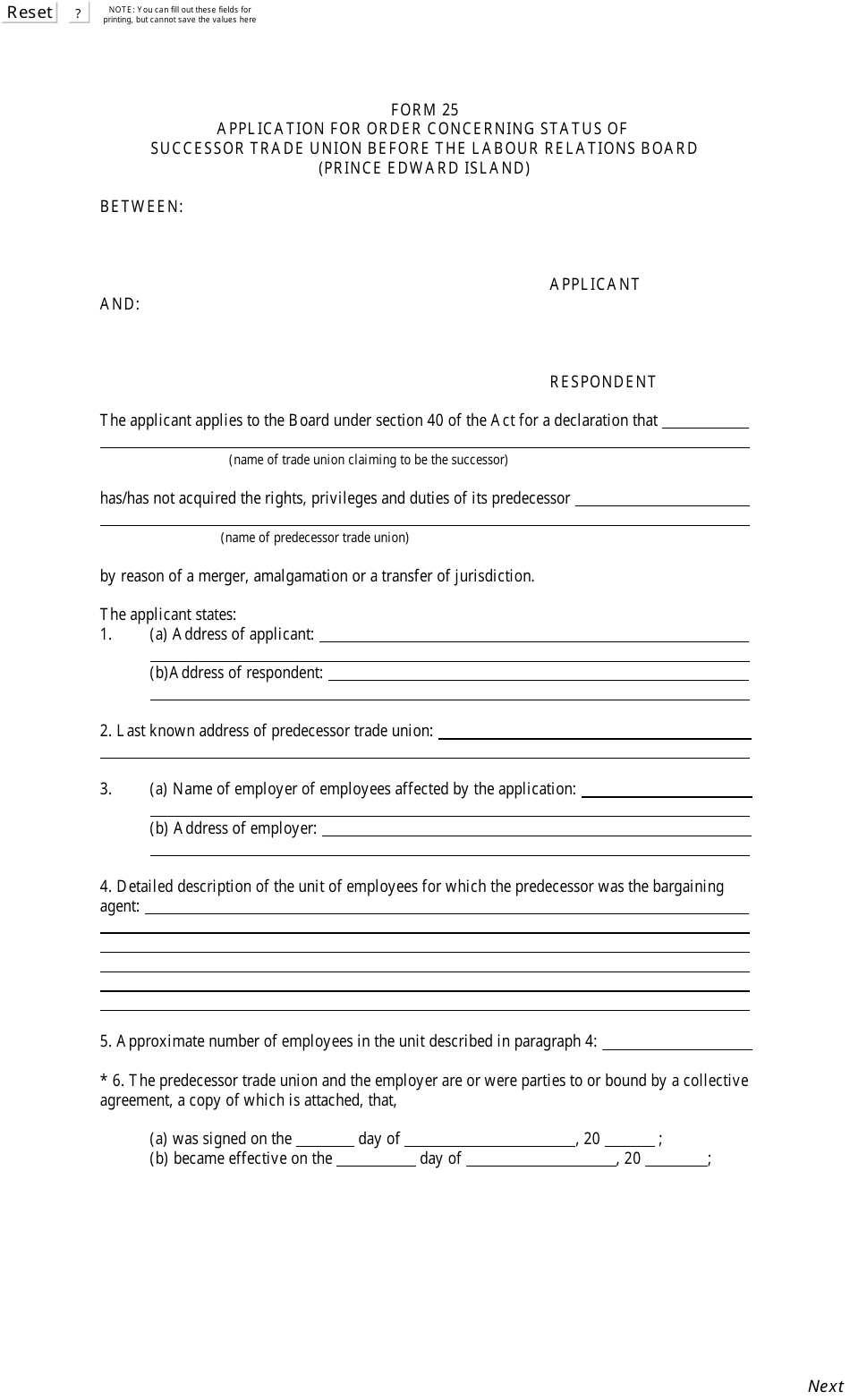 Form 25 Application for Order Concerning Status of Successor Trade Union Before the Labour Relations Board (Prince Edward Island) - Prince Edward Island, Canada, Page 1