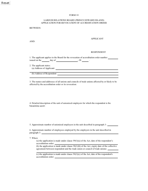 Form 18 Application for Revocation of Accreditation Order - Prince Edward Island, Canada