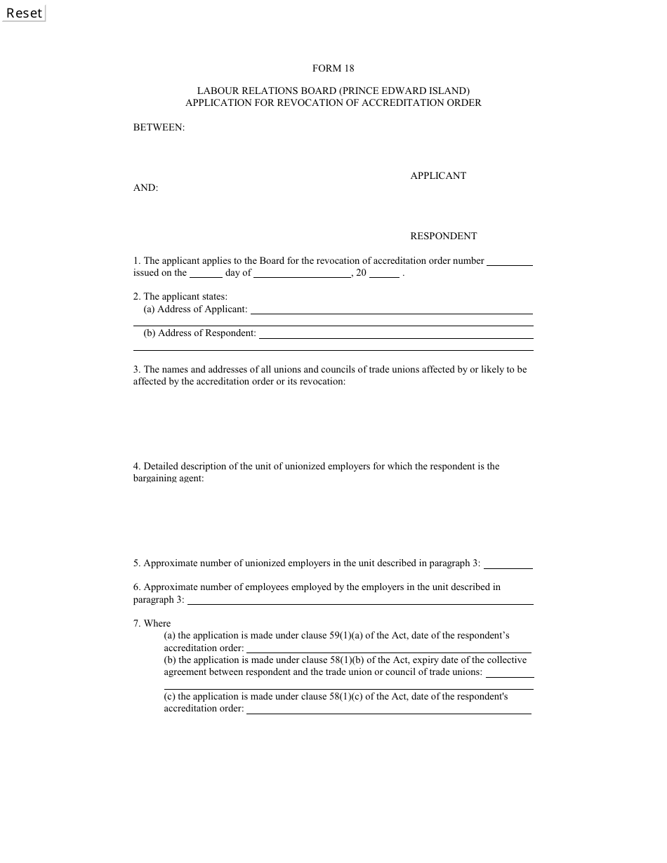 Form 18 Application for Revocation of Accreditation Order - Prince Edward Island, Canada, Page 1