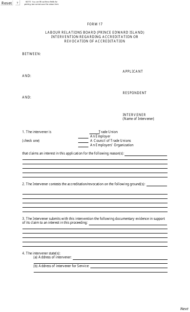 Form 17 Intervention Regarding Accreditation or Revocation of Accreditation - Prince Edward Island, Canada