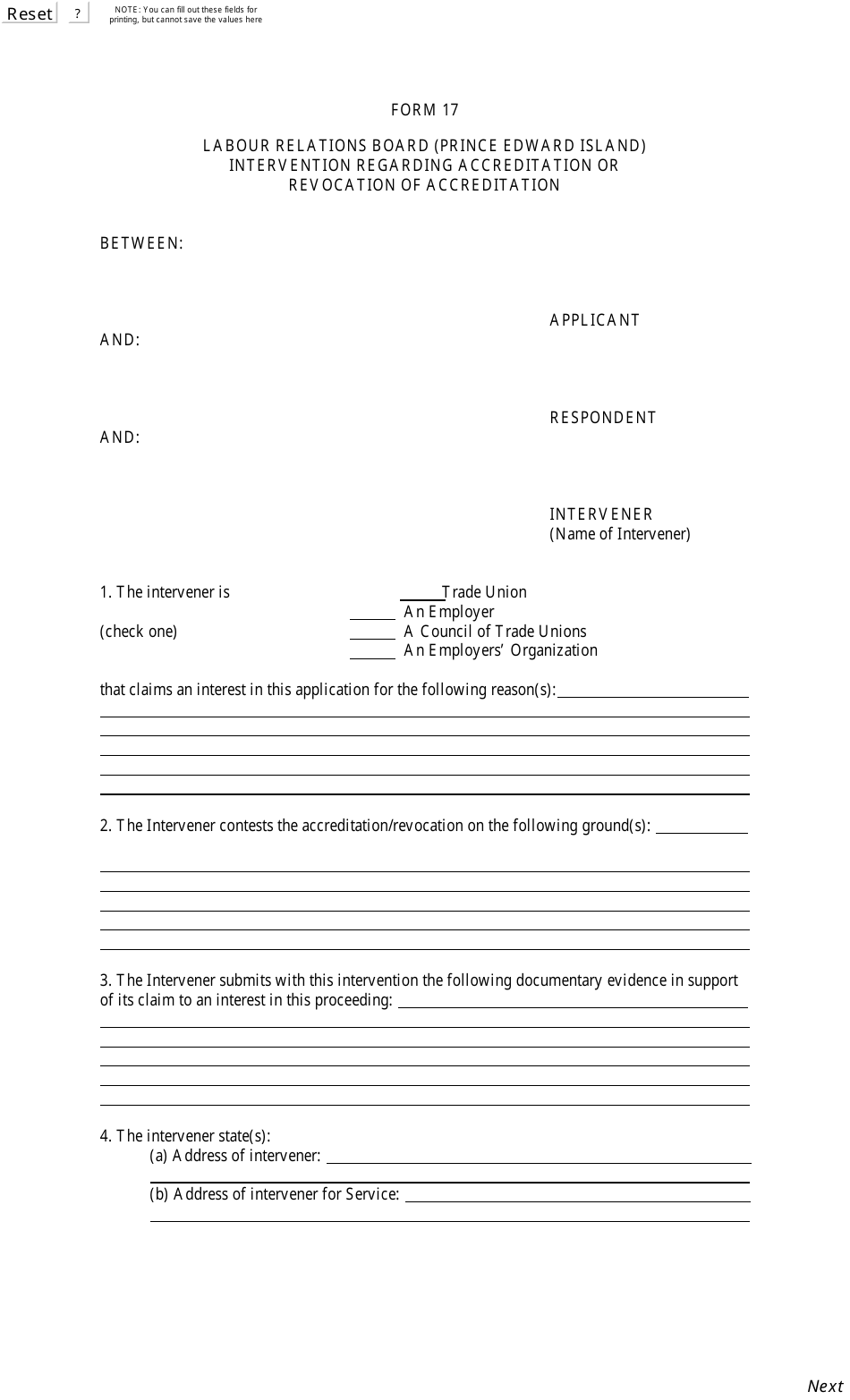 Form 17 Intervention Regarding Accreditation or Revocation of Accreditation - Prince Edward Island, Canada, Page 1