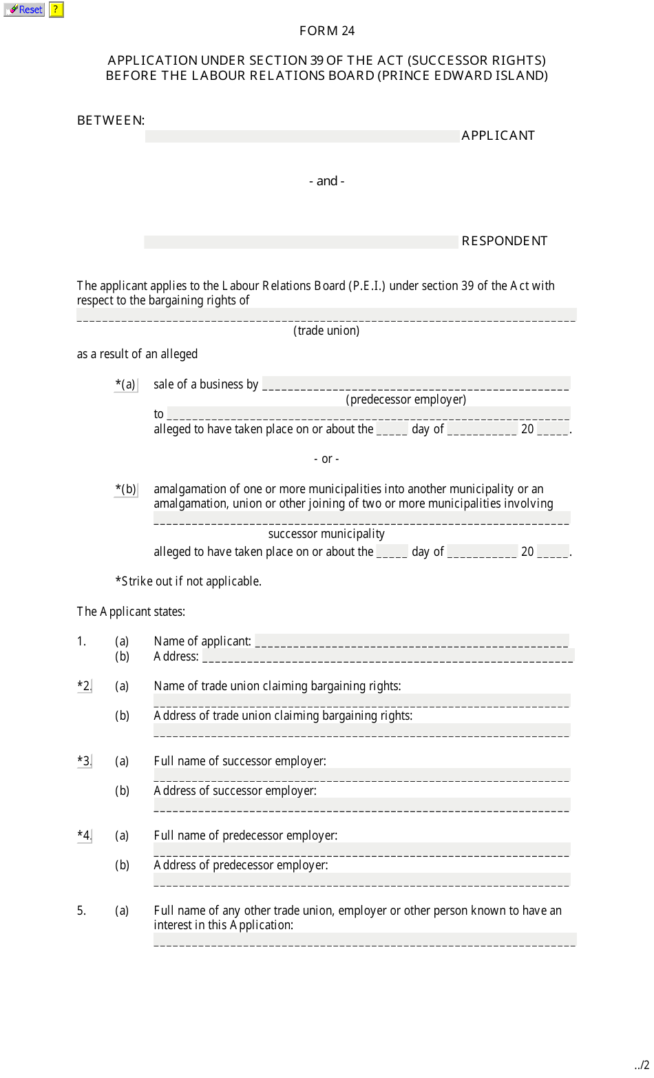 Form 24 Application for Successor Rights Under Section 39 of the Act - Prince Edward Island, Canada, Page 1