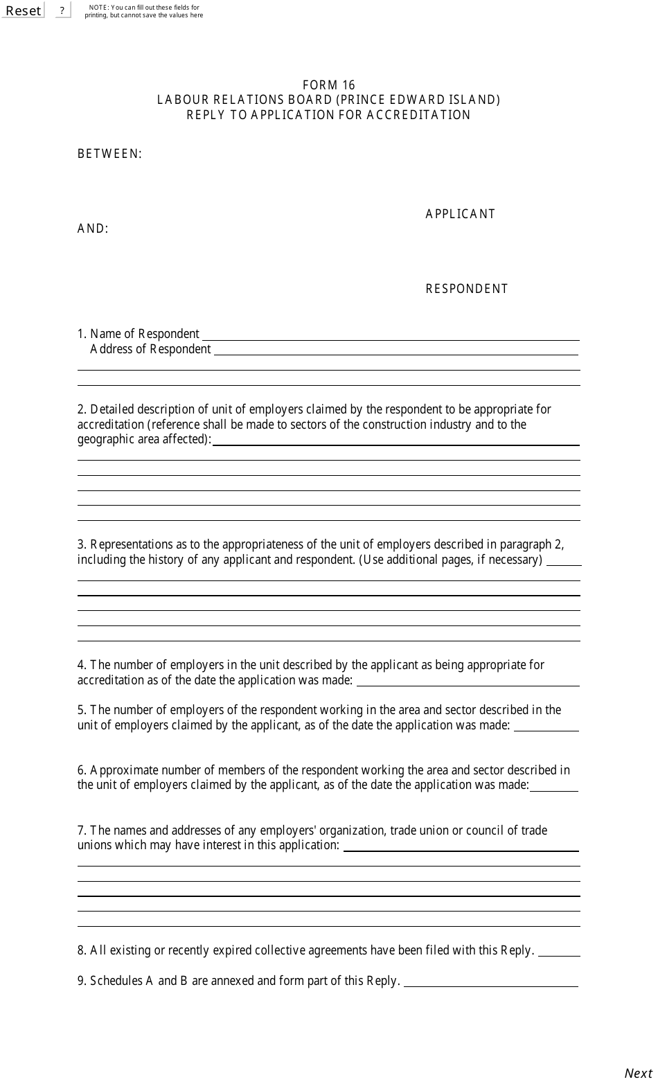 Form 16 Reply to Application for Accreditation - Prince Edward Island, Canada, Page 1