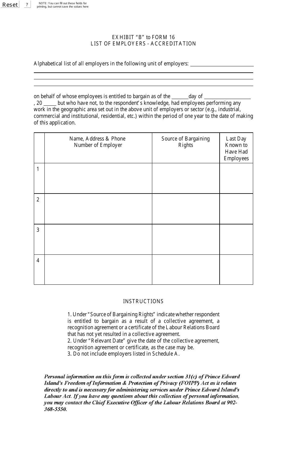 Form 16 Exhibit B List of Employers - Accreditation - Prince Edward Island, Canada, Page 1