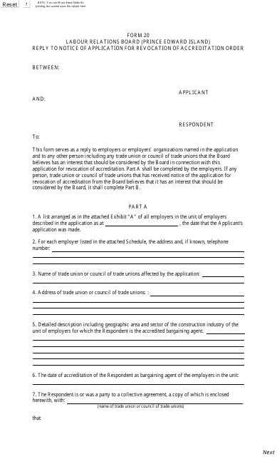 Form 20 Reply to Notice of Application for Revocation of Accreditation Order - Prince Edward Island, Canada