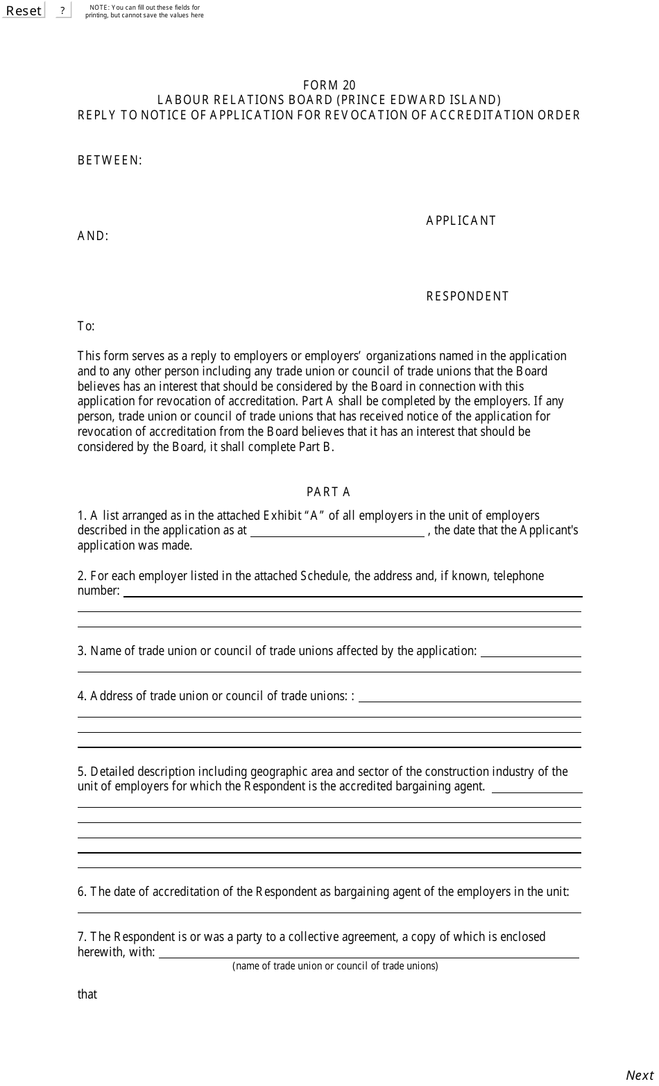 Form 20 Reply to Notice of Application for Revocation of Accreditation Order - Prince Edward Island, Canada, Page 1