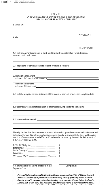 Form 11 Unfair Labour Practice Complaint - Prince Edward Island, Canada