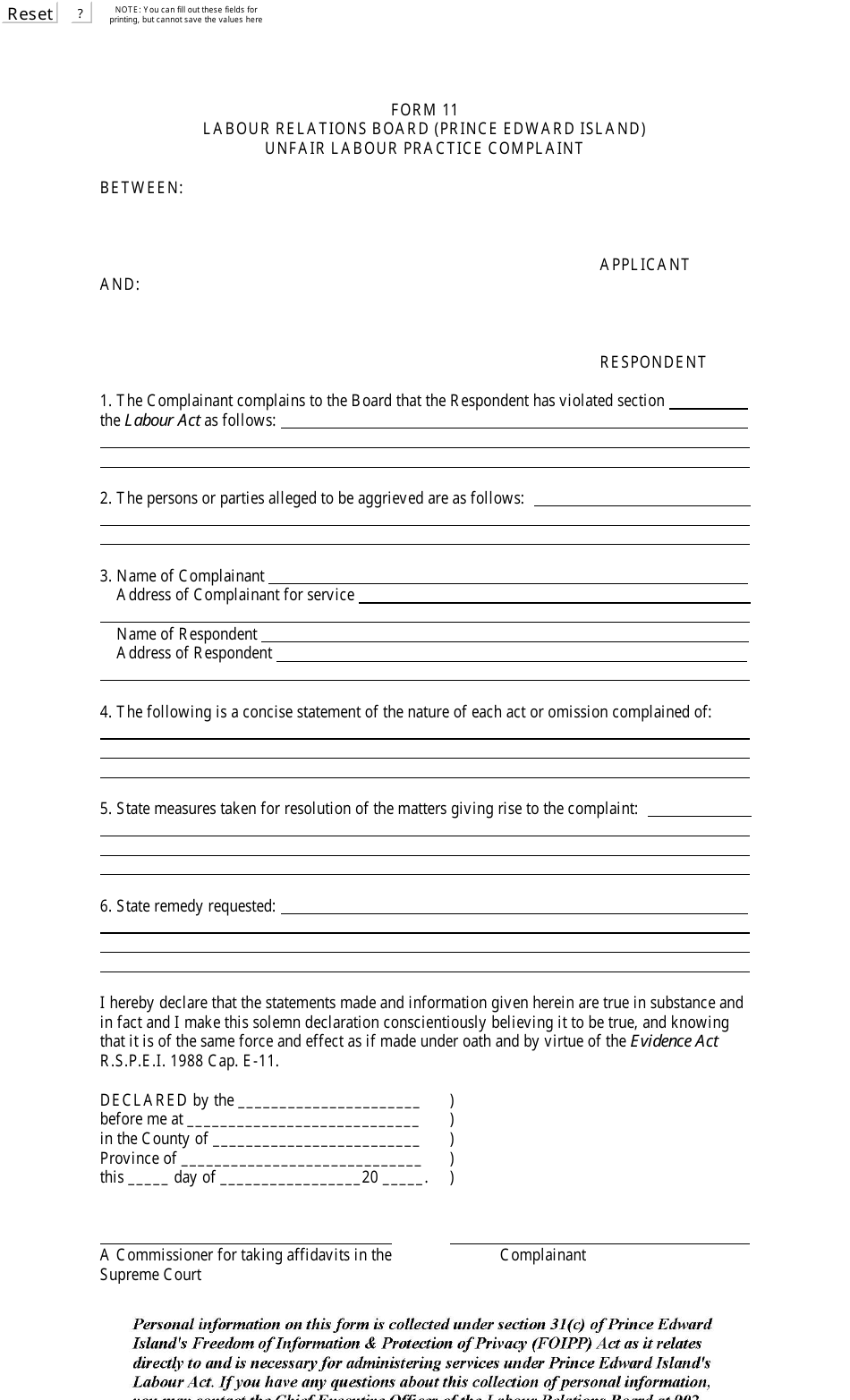 Form 11 Unfair Labour Practice Complaint - Prince Edward Island, Canada, Page 1
