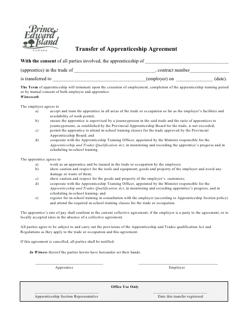 Transfer of Apprenticeship Agreement - Prince Edward Island, Canada Download Pdf