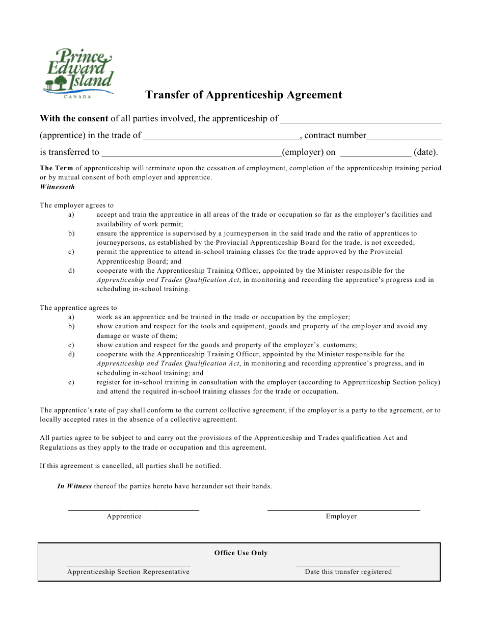 Prince Edward Island Canada Transfer of Apprenticeship Agreement Inside apprenticeship agreement template