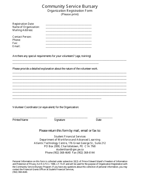 Community Service Bursary Organization Registration Form - Prince Edward Island, Canada Download Pdf