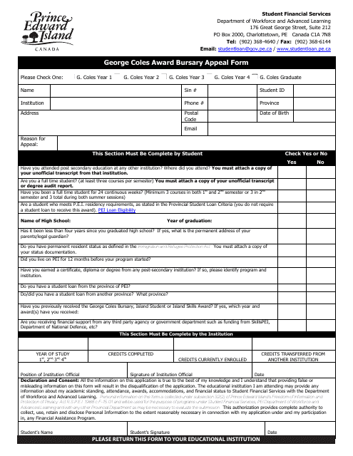 George Coles Award Bursary Appeal Form - Prince Edward Island, Canada Download Pdf