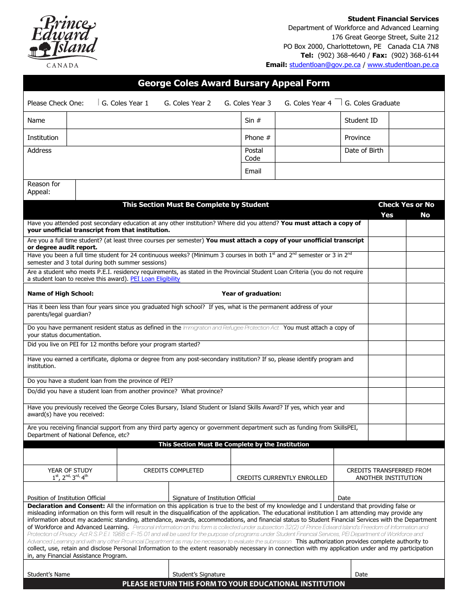 George Coles Award Bursary Appeal Form - Prince Edward Island, Canada, Page 1