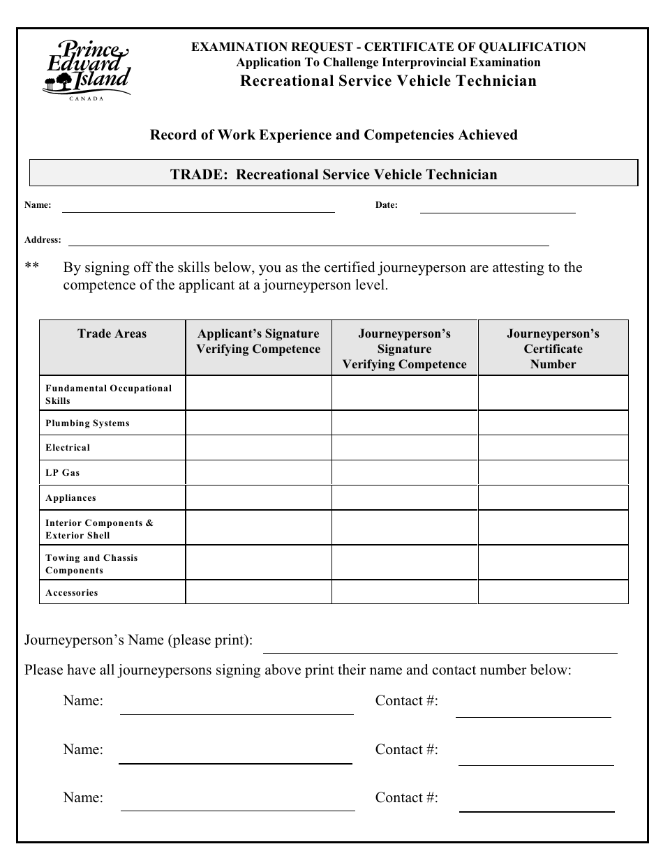 Recreation Service Technician Application to Challenge Interprovincial Examination - Prince Edward Island, Canada, Page 3