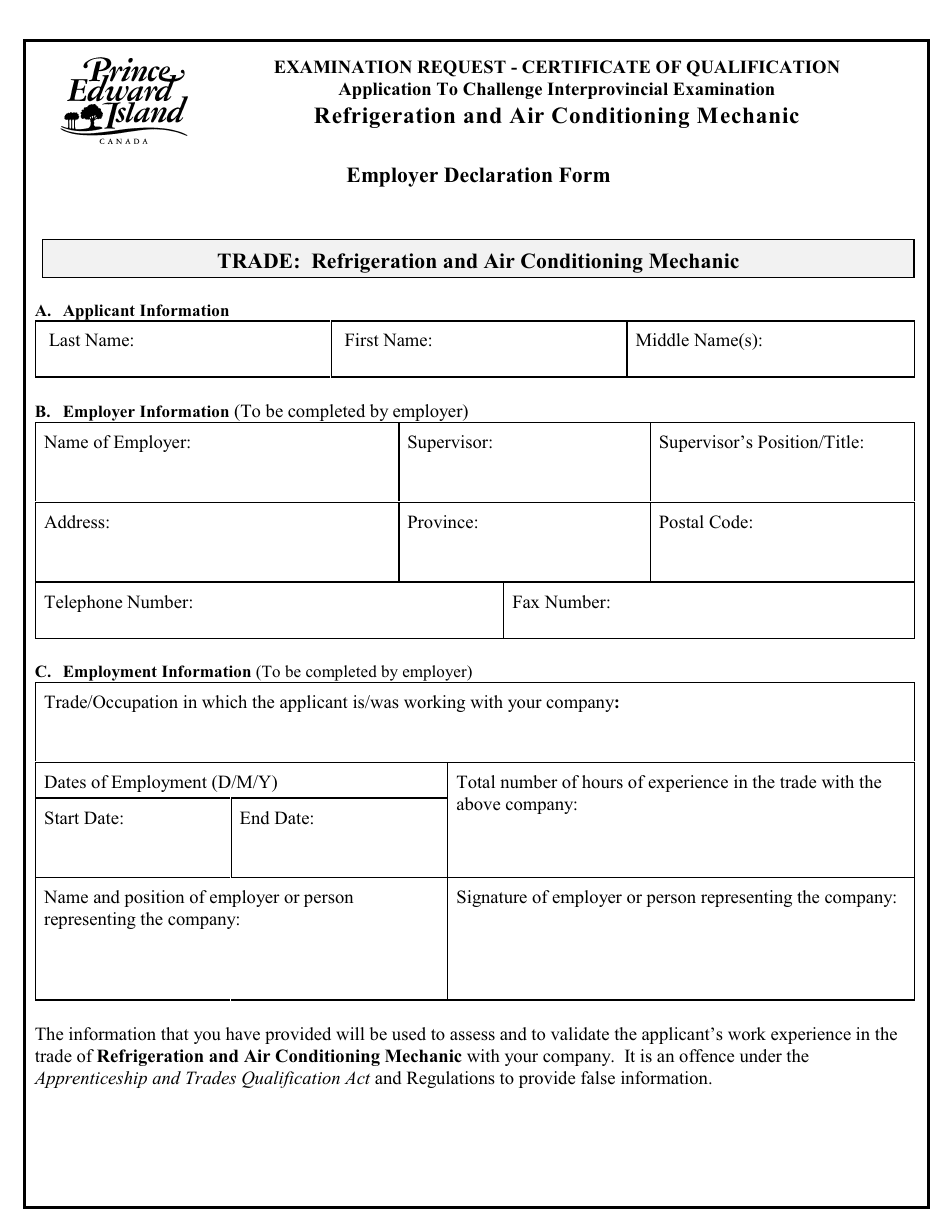 Refrigeration and Air Conditioning Mechanic Application to Challenge Interprovincial Examination - Prince Edward Island, Canada, Page 5