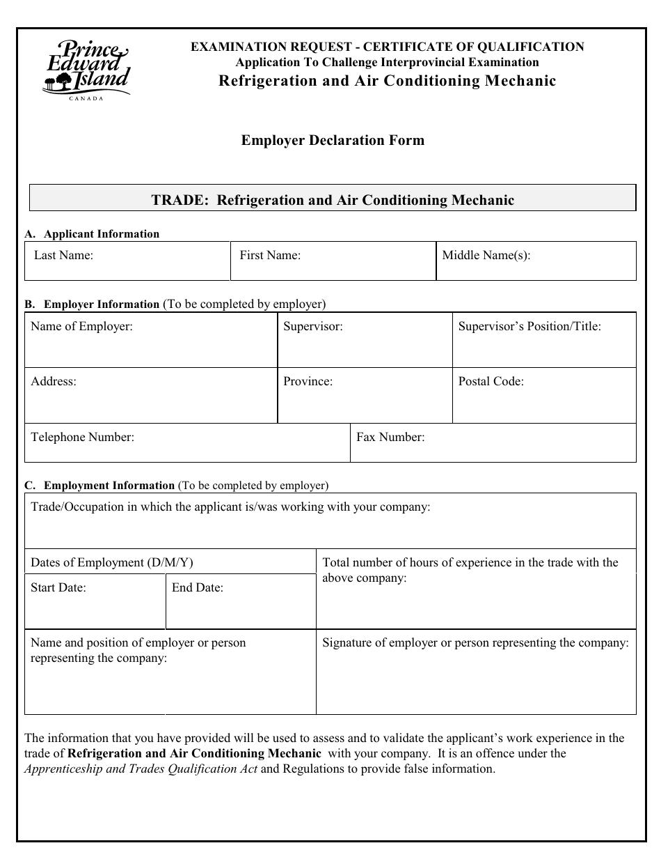 Refrigeration and Air Conditioning Mechanic Application to Challenge Interprovincial Examination - Prince Edward Island, Canada, Page 6