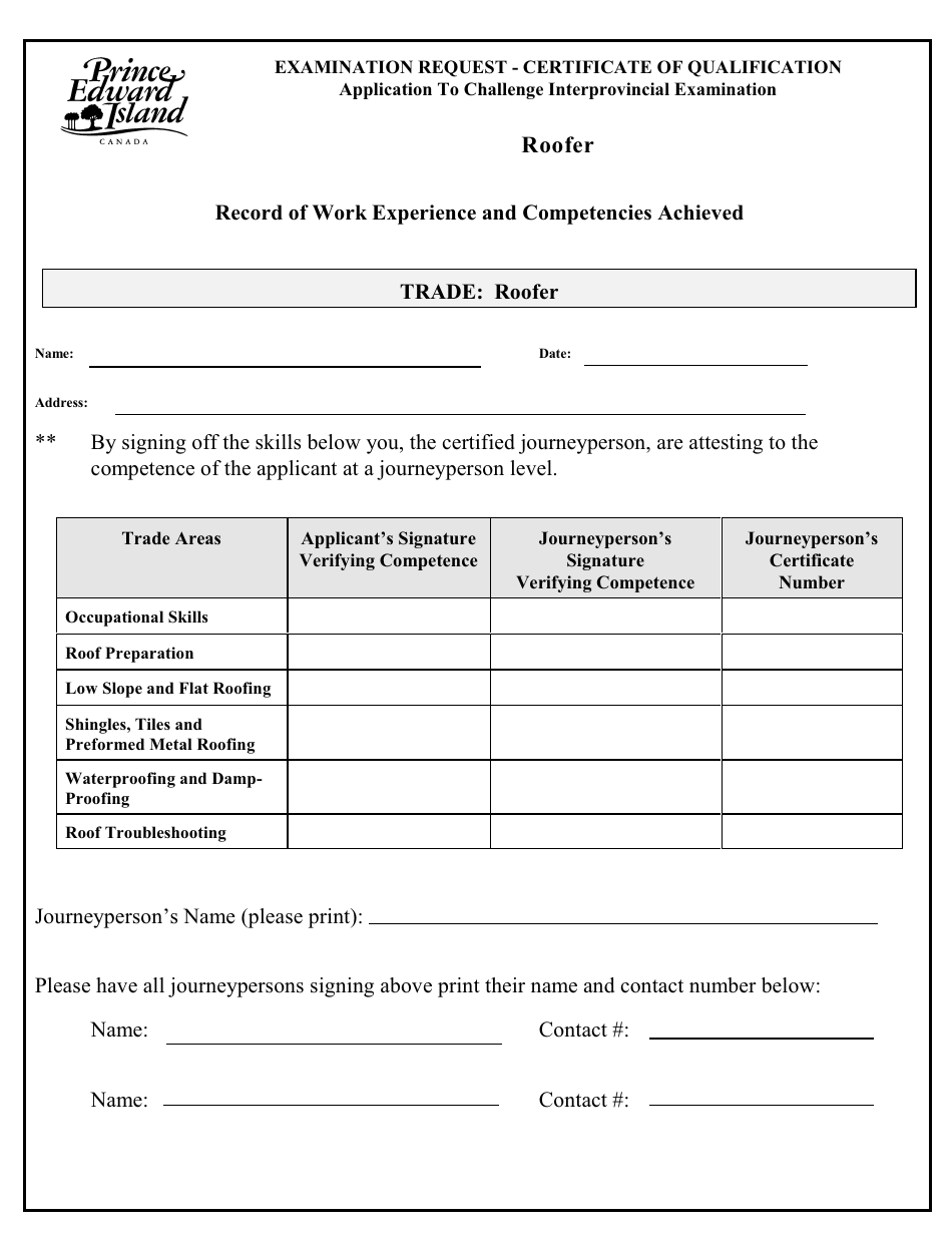 Roofer Application to Challenge Interprovincial Examination - Prince Edward Island, Canada, Page 3