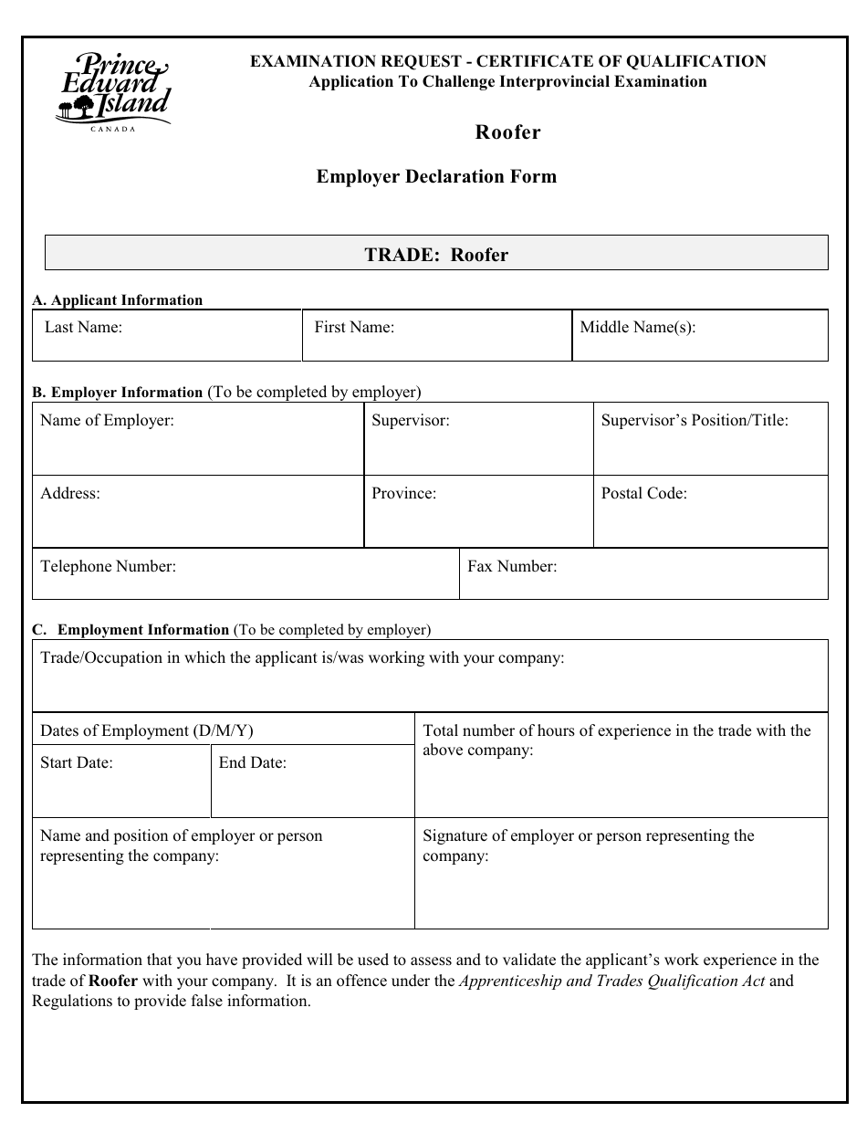 Roofer Application to Challenge Interprovincial Examination - Prince Edward Island, Canada, Page 4