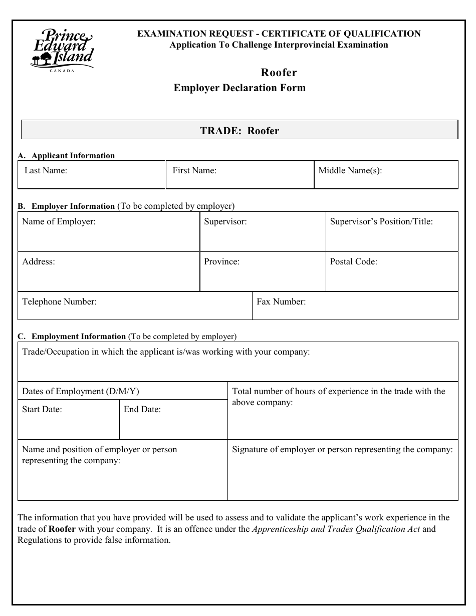 Roofer Application to Challenge Interprovincial Examination - Prince Edward Island, Canada, Page 6