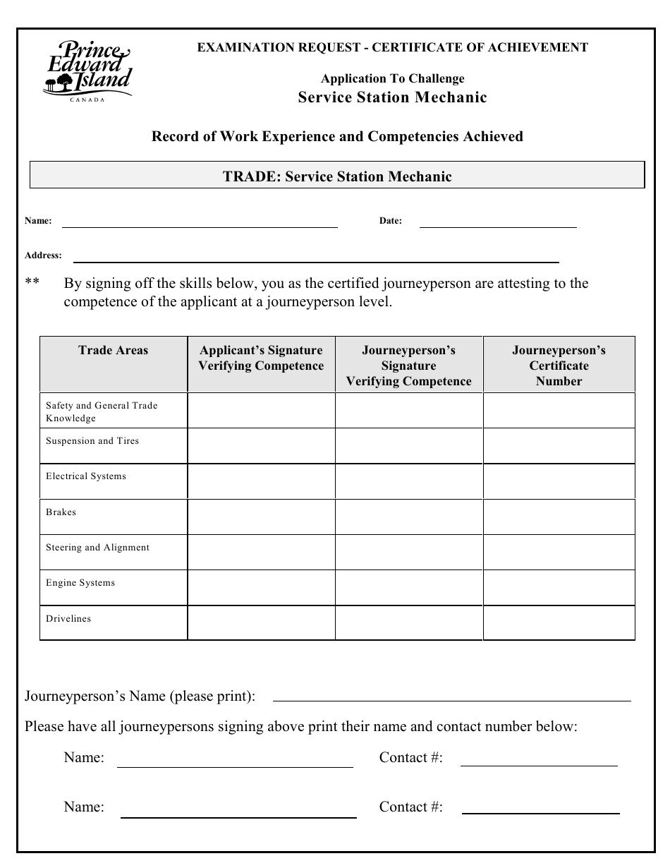 Service Station Mechanic Application to Challenge Certificate of Achievement Exam - Prince Edward Island, Canada, Page 3