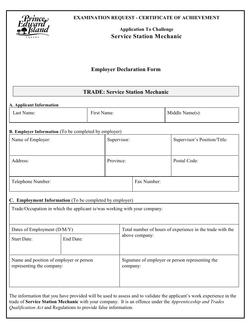 Service Station Mechanic Application to Challenge Certificate of Achievement Exam - Prince Edward Island, Canada, Page 4