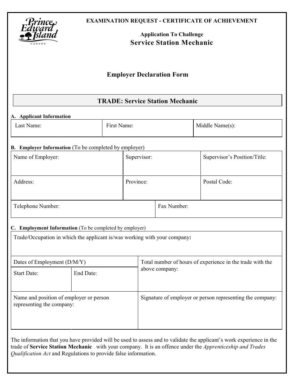 Service Station Mechanic Application to Challenge Certificate of Achievement Exam - Prince Edward Island, Canada, Page 5